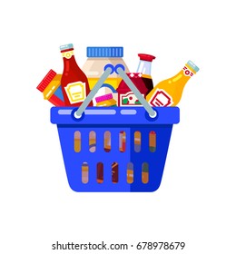 Shopping basket. Plastic bag with ketchup, mayonnaise, soy sauce, peanut butter, jam and mustard. Buy grocery in supermarket. Icon, sign shopping bag, box vector flat design illustration