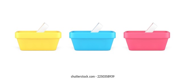 Shopping basket plastic container with handle for grocery purchase product carrying 3d icon set realistic vector illustration. Store shop cart sale discount purchasing goods commercial merchandise