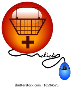 shopping basket with plus sign connected to computer mouse - add to cart