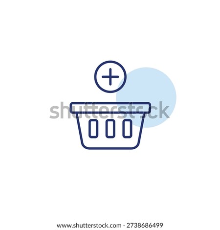 Shopping basket and plus symbol. Item add, basket update. Pixel perfect, editable stroke vector icon