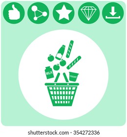 Shopping basket with products falling into it. Vector icon.