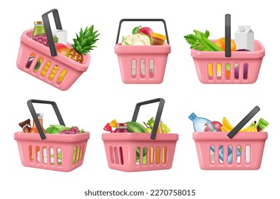 Shopping basket with products. Grocery food in store basket decent vector realistic template