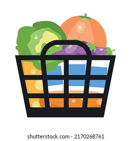 Shopping basket with products semi flat color vector object. Grocery store visit. Full sized item on white. Buying vegetables. Simple cartoon style illustration for web graphic design and animation