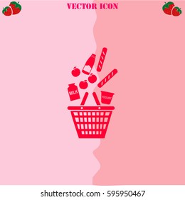 Shopping basket of products vector  icon. Strawberry Background.