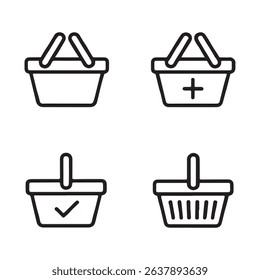 Shopping Basket and Purchase Icons Set. Four Outline Shopping Basket Icons with Different Symbols
