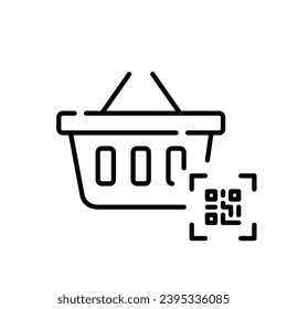 Cesta de compras y código qr. Desprotección de la tienda sin contacto. Trazo de píxeles perfecto, editable