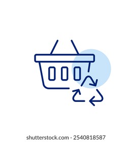 Shopping basket and recycling arrows symbol. Eco-friendly purchasing choices or recycled goods. Zero-waste life. Pixel perfect vector icon