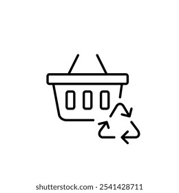 Cesta de compras e símbolo de setas de reciclagem. Opções de compra ecológicas ou produtos reciclados. Vida sem desperdício. Pixel perfeito, ícone de traçado editável