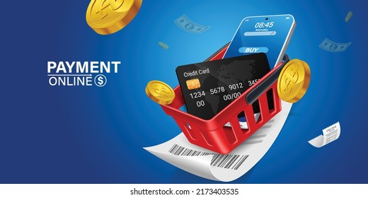 shopping basket Red on product bill. Smartphone with purchase icon on screen. Credit card payment on smartphone. Online shopping via mobile phone.shopping cart for online shopping concept,vector 3d