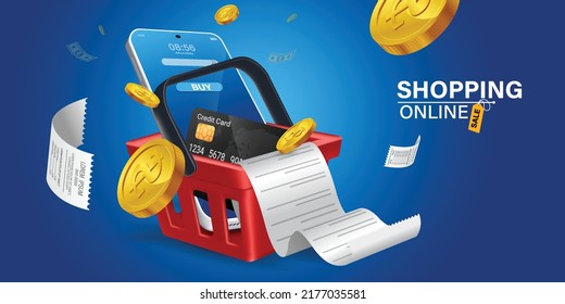 cesta de compras Red en la factura del producto. Smartphone con icono de compra en pantalla. Pago con tarjeta de crédito en smartphone. Compras en línea a través del teléfono móvil.carrito de compras para el concepto de compras en línea,vector 3d