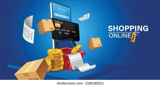 shopping basket Red on product bill. Smartphone with purchase icon on screen. Credit card payment on smartphone. Online shopping via mobile phone.shopping cart for online shopping concept,vector 3d