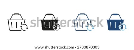 Shopping Basket With Refresh Symbol Line And Solid Icon Set. E-Commerce, Online Shopping, And Cart Update Outline And Silhouette Symbol Collection. Isolated Vector Illustration.
