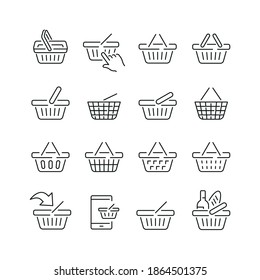 Shopping basket related icons: thin vector icon set, black and white kit