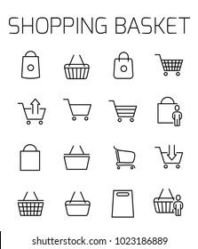 Shopping basket related vector icon set. Well-crafted sign in thin line style with editable stroke. Vector symbols isolated on a white background. Simple pictograms.