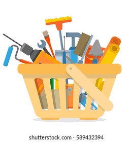 Shopping basket with repair and construction working tools. Flat style vector illustration.
