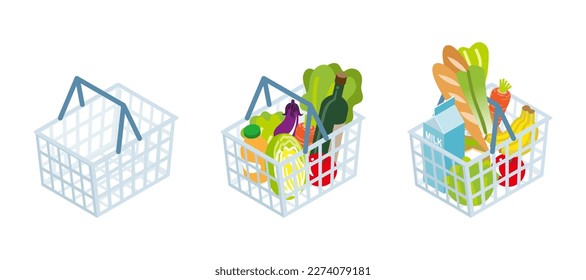 Shopping basket set - empty and filled up with grocery