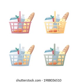 Shopping basket set. Flat vector illustration. Supermarket shopping. Grocery store. Isolated on white background. 
