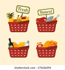 Shopping basket set with supermarket fresh and natural vegetables fruits meat chicken and fish isolated vector illustration