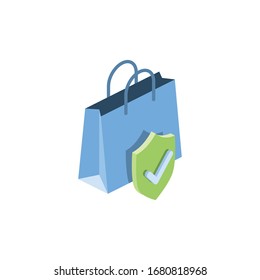Shopping basket shield check mark. Vector 3d isometric, color web icon, new flat style. Creative illustration design, isolated graphic idea for infographics.