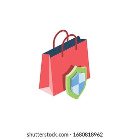 Shopping basket shield. Vector 3d isometric, color web icon, new flat style. Creative illustration design, isolated graphic idea for infographics.