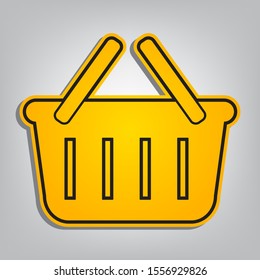 Shopping basket sign. Flat orange icon with overlapping linear black icon with gray shadow at whitish background. Illustration.