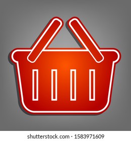 Shopping basket sign. Flat red icon with linear white icon with gray shadow at grayish background. Illustration.