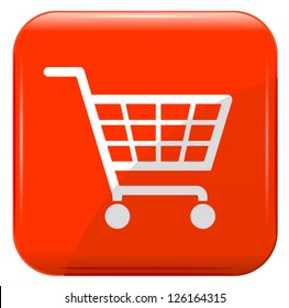 Shopping basket sign on red button.