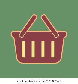 Shopping basket sign. Vector. Cordovan icon and mellow apricot halo with light khaki filled space at russian green background.