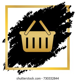 Shopping basket sign. Vector. Golden icon at black spot inside golden frame on white background.