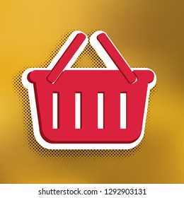 Shopping basket sign. Vector. Magenta icon with darker shadow, white sticker and black popart shadow on golden background.