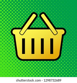 Shopping basket sign. Vector. Pop art orange to yellow dots-gradient icon with black contour at greenish background.
