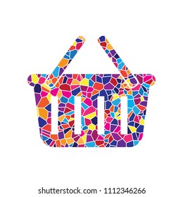 Shopping basket sign. Vector. Stained glass icon on white background. Colorful polygons. Isolated.
