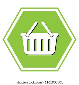 Shopping basket sign. Vector. White icon with black shadow at yellow green honeycomb on white background.