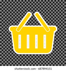 Shopping basket sign. Vector. Yellow icon with white contour on dark transparent background.