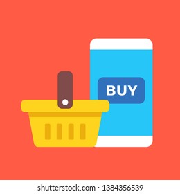 Shopping basket and smartphone with buy button. M-commerce, mcommerce, ecommerce, mobile shopping concepts. Flat design. Vector illustration