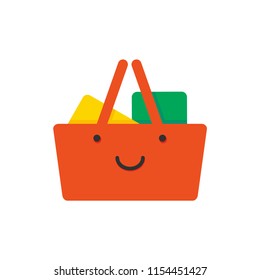Shopping basket with smile face, red color flat style icon, good shopping concept, vector illustration isolated on white background