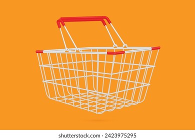 cesta de compras acero.mango rojo aislado en fondo naranja para el diseño de publicidad de compras, vector 3d para el diseño de concepto de compras de promoción