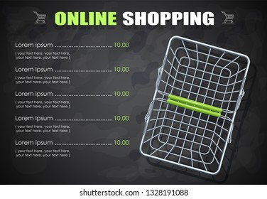 Shopping basket for supermarket products. Shop equipment. Realistic market trolley. Top view. Dark background. Eps10 vector illustration.