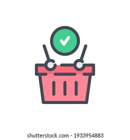 Shopping basket with tick color line icon. Product purchase and Checkout vector outline colorful sign.