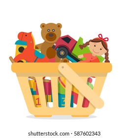 Shopping basket with toys. Flat style vector illustration.