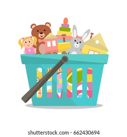 Shopping basket with toys. Vector illustration.