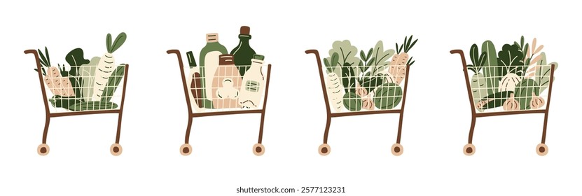 Shopping basket and trolley of food from grocery purchases from shop, supermarket or farmer market. Vegetables, greens and zero-waste packaging. Eco-friendly vector illustration in organic flat style.