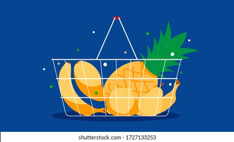 Shopping basket with tropical fruits. Pineapple, banana, pear, mango. Natural foods, vitamins, nutrients, nutrients. The concept of a healthy and wholesome diet. Fruitorianism.