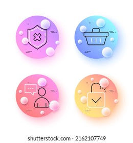 Cesta de compras, los usuarios chatean y bloquean iconos mínimos de línea. botones de esferas o bolas 3d. Rechazar iconos de protección. Para web, aplicación, impresión. Vector