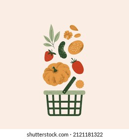 Shopping basket with various food. Retro style textured vector illustration.