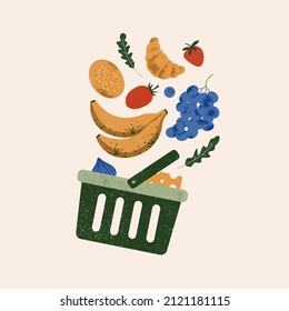 Shopping basket with various groceries. Vintage style textured vector illustration