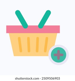 Shopping Basket Vector Icon, Add To Basket. Sopping Basket With Add Sign. Flat Style Isolated Vector Icon.