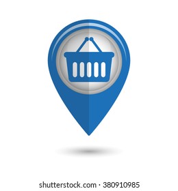shopping basket - vector icon;  blue map pointer