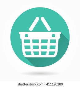Shopping basket vector icon with long shadow. White illustration isolated on green background for graphic and web design.  