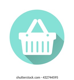 Shopping basket vector icon with long shadow. White illustration isolated on green background for graphic and web design.
